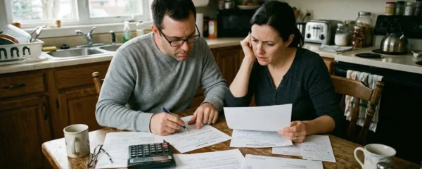 Un couple assis à une table de cuisine examine des documents de prêt avec une calculatrice, expression concentrée, lumière naturelle de fenêtre