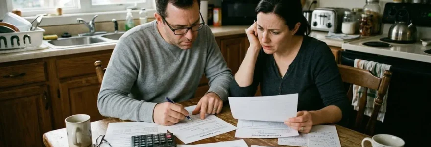 Un couple assis à une table de cuisine examine des documents de prêt avec une calculatrice, expression concentrée, lumière naturelle de fenêtre