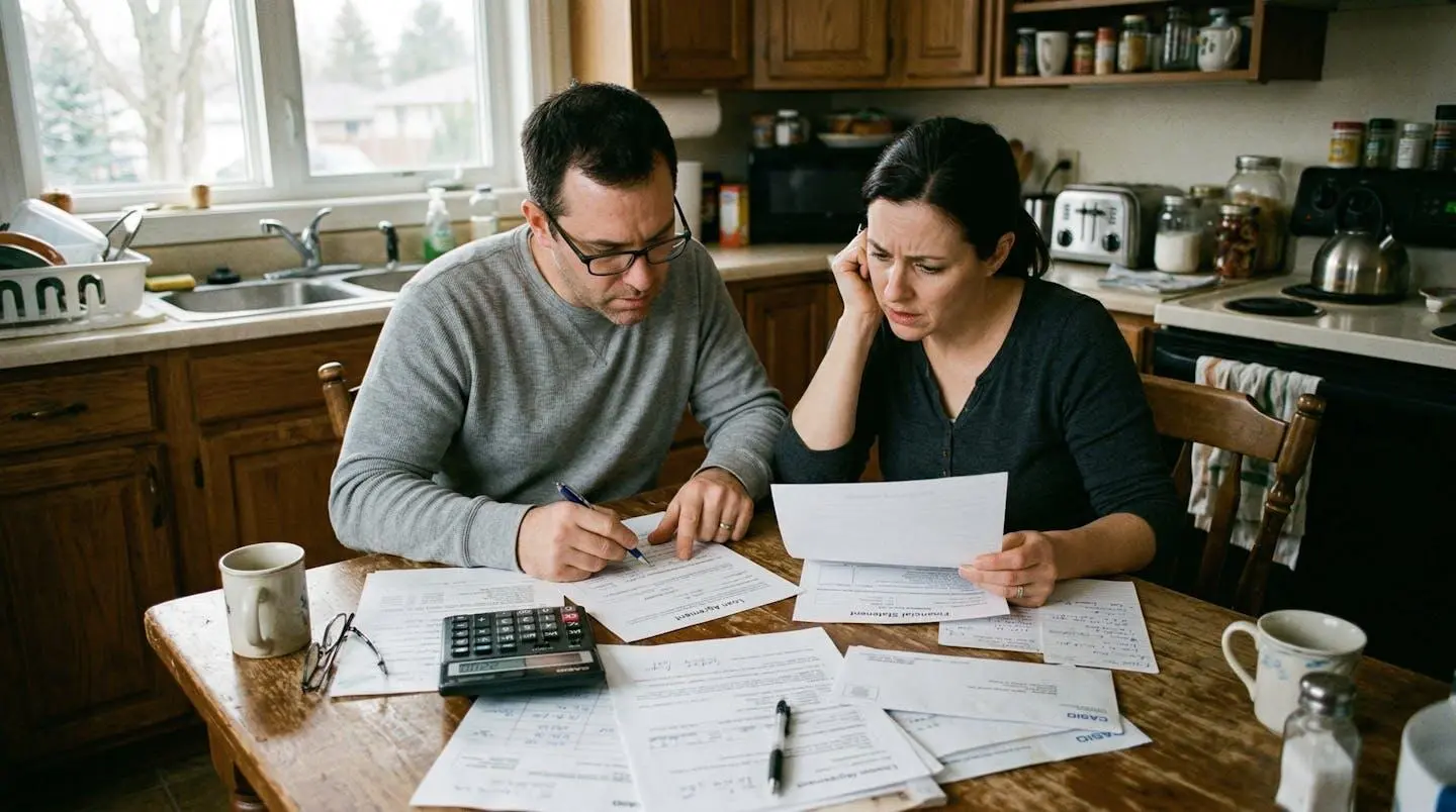 Un couple assis à une table de cuisine examine des documents de prêt avec une calculatrice, expression concentrée, lumière naturelle de fenêtre
