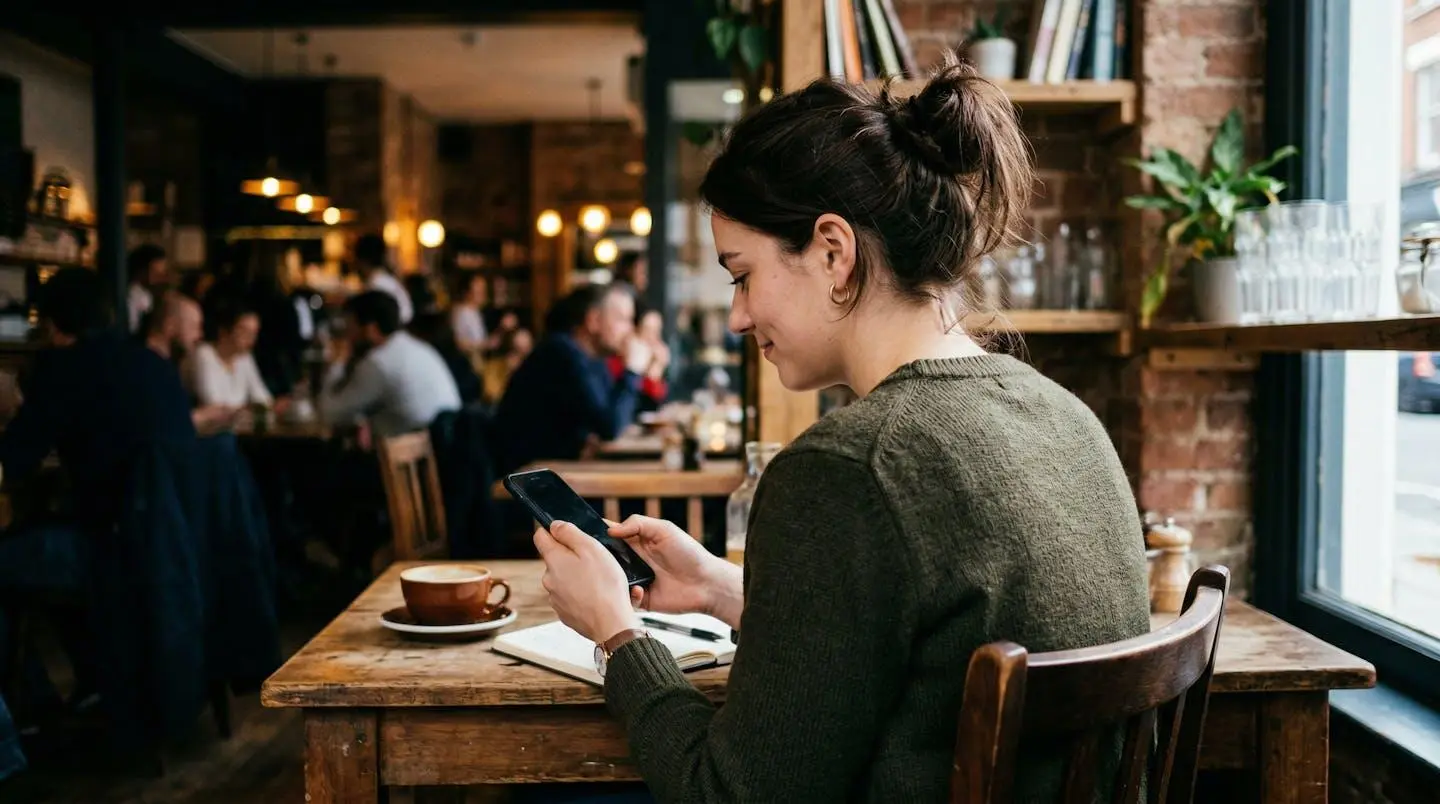 Une personne consulte son smartphone dans un café avec une expression de satisfaction discrète, écran non visible, environnement urbain réaliste