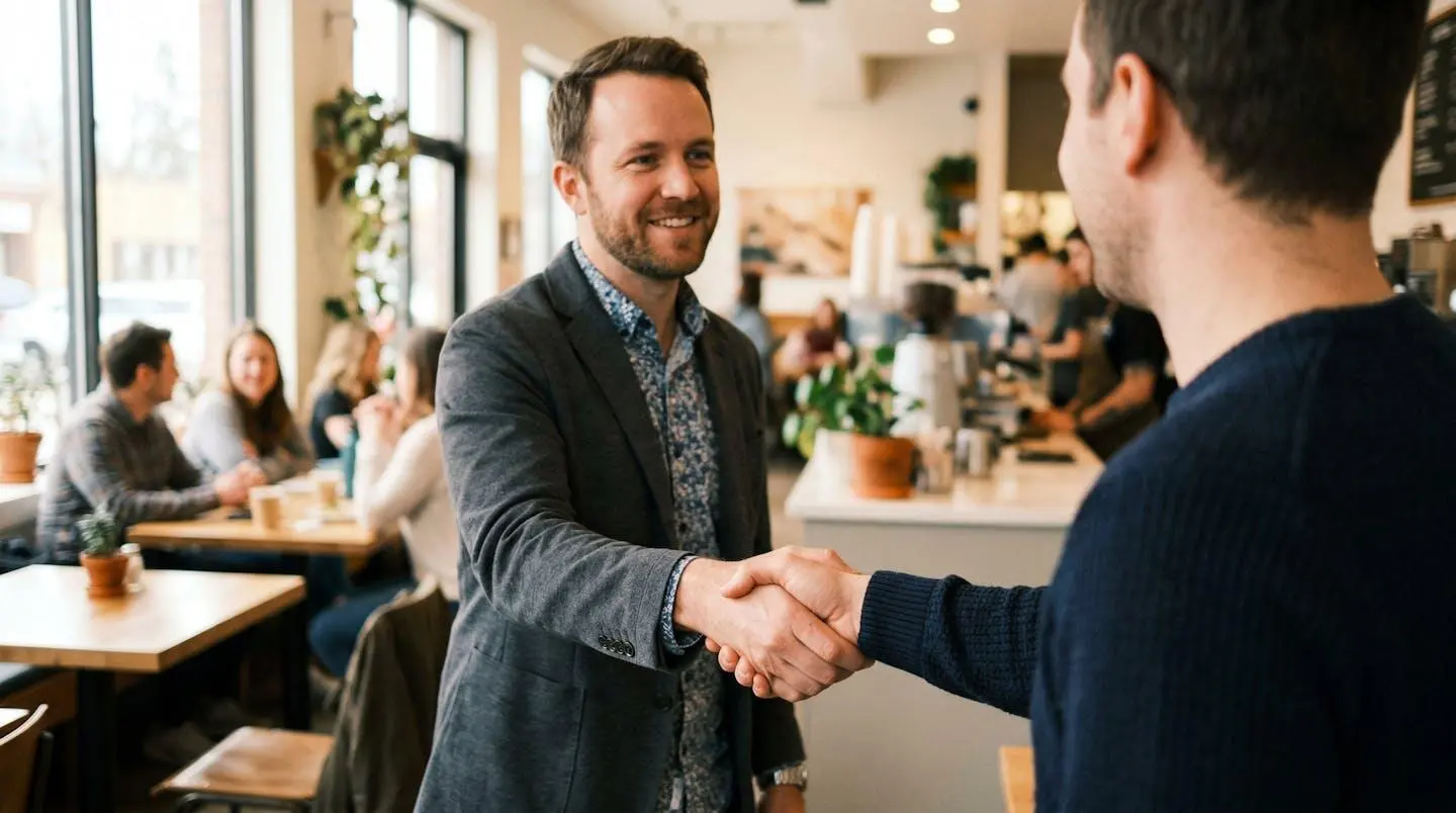 Une poignée de main entre deux personnes dans un contexte professionnel décontracté, prise en contre-plongée, arrière-plan de bureau