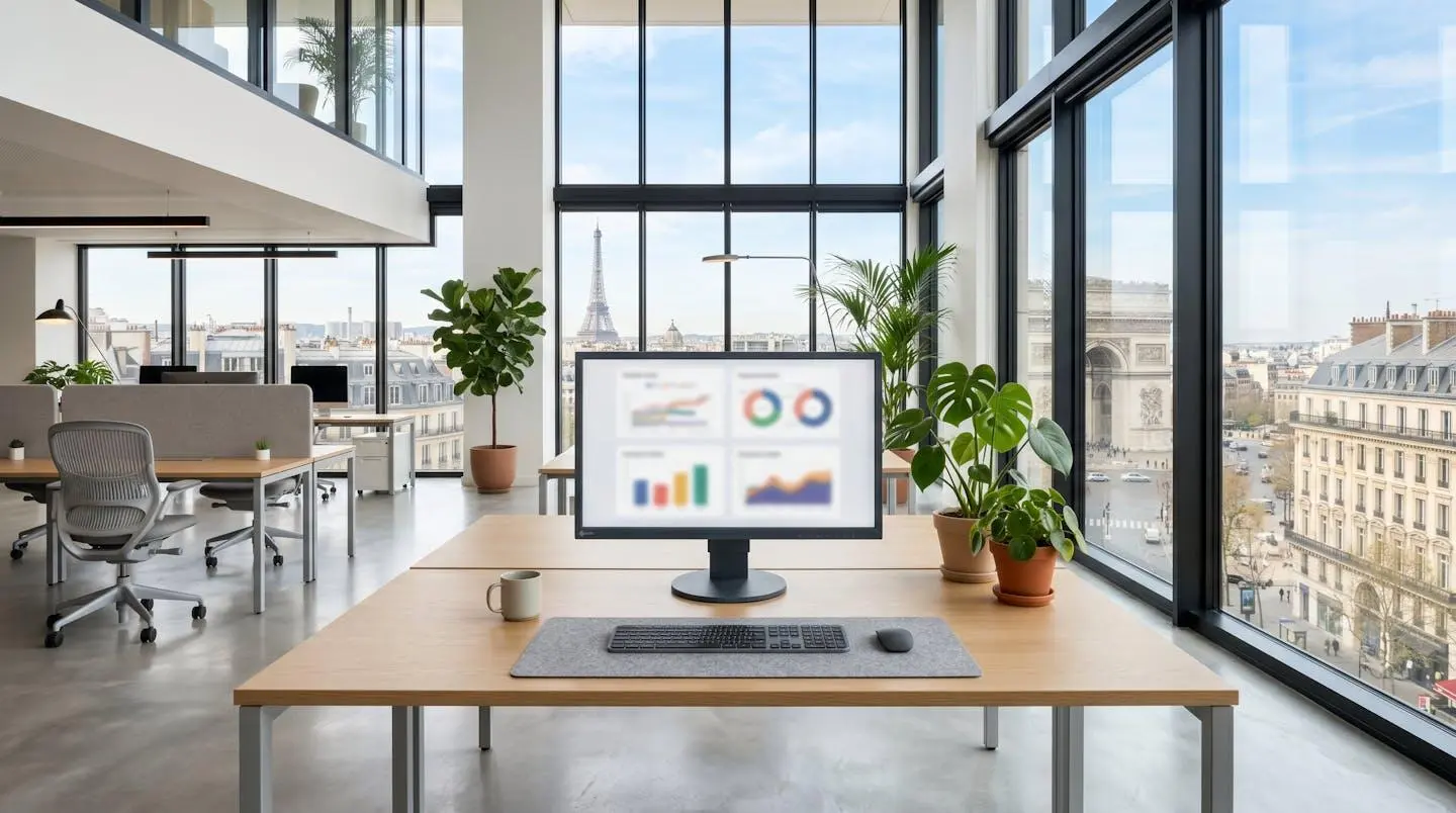 Intérieur d'un bureau contemporain français vide avec un écran d'ordinateur affichant des graphiques comparatifs complètement floutés, grande fenêtre avec lumière naturelle et plantes vertes