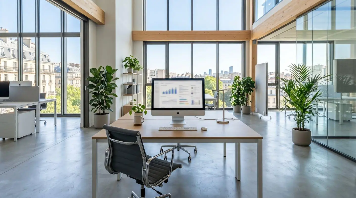 Intérieur d'un bureau contemporain français vide avec un écran d'ordinateur affichant des graphiques comparatifs complètement floutés, grande fenêtre avec lumière naturelle et plantes vertes