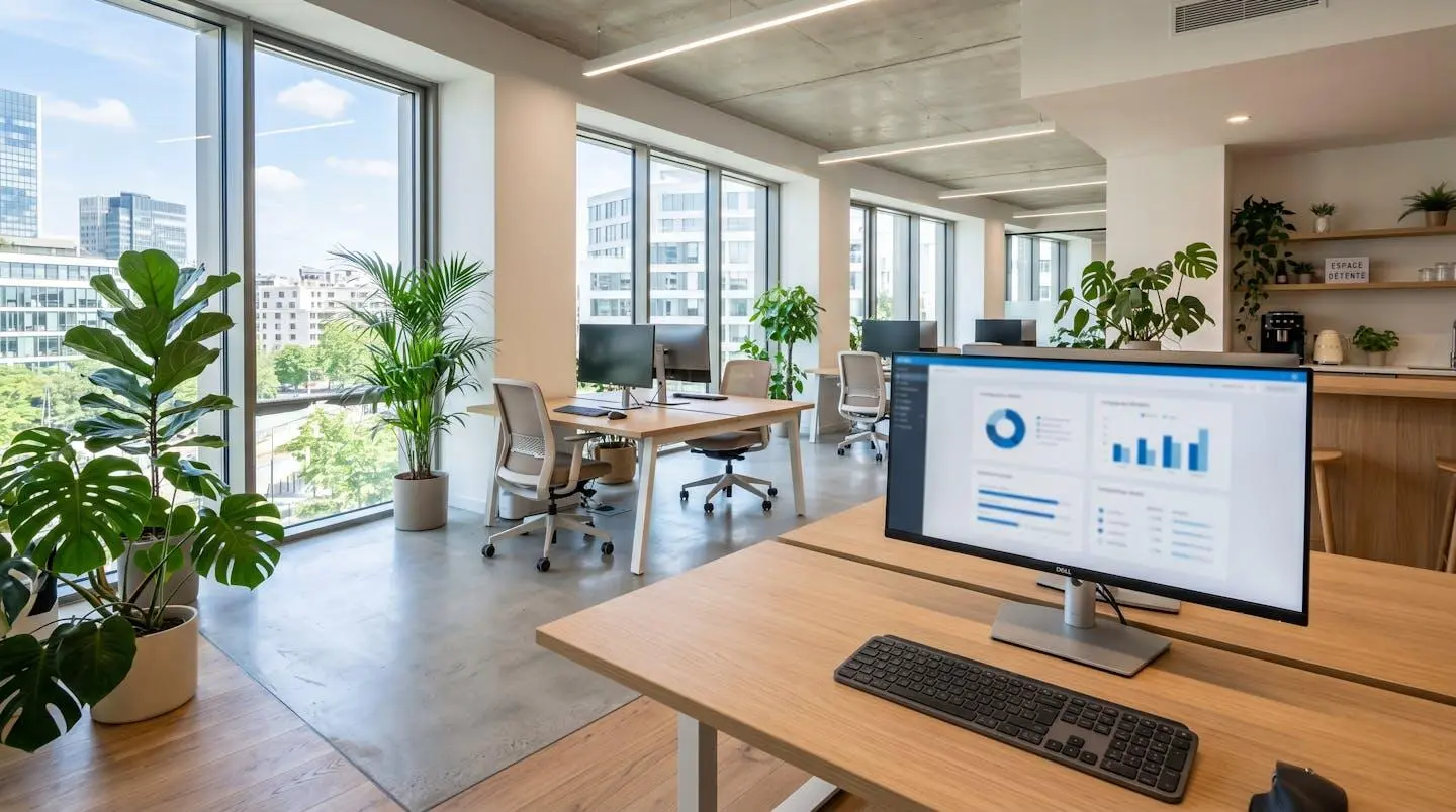 Intérieur d'un bureau contemporain français vide avec un écran d'ordinateur affichant des graphiques comparatifs complètement floutés, grande fenêtre avec lumière naturelle et plantes vertes