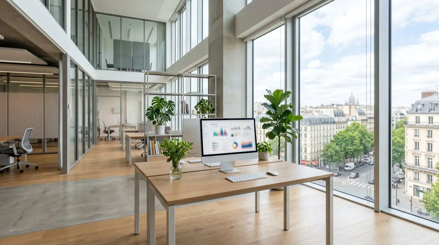 Intérieur d'un bureau contemporain français vide avec un écran d'ordinateur affichant des graphiques comparatifs complètement floutés, grande fenêtre avec lumière naturelle et plantes vertes