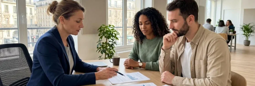 Un conseiller et un couple d'emprunteurs vus de profil discutent autour d'une table de bureau moderne avec des documents financiers, dans une lumière naturelle douce