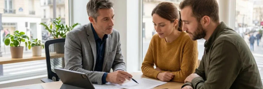 Un conseiller et un couple d'emprunteurs vus de profil discutent autour d'une table de bureau moderne avec des documents financiers, dans une lumière naturelle douce