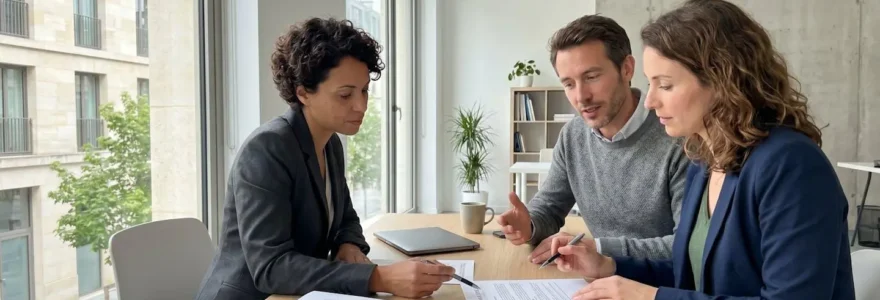 Un conseiller et un couple d'emprunteurs vus de profil discutent autour d'une table de bureau moderne avec des documents financiers, dans une lumière naturelle douce