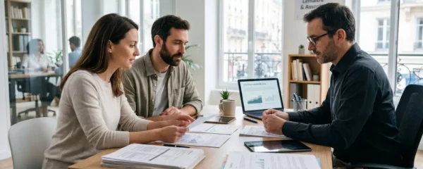Un conseiller et un couple d'emprunteurs vus de profil discutent autour d'une table de bureau moderne avec des documents financiers, dans une lumière naturelle douce