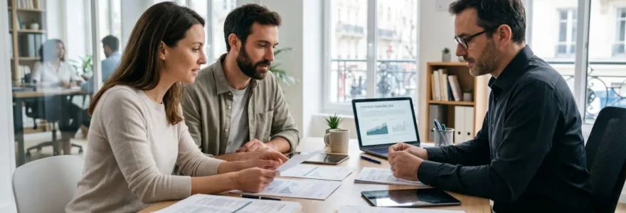 Un conseiller et un couple d'emprunteurs vus de profil discutent autour d'une table de bureau moderne avec des documents financiers, dans une lumière naturelle douce