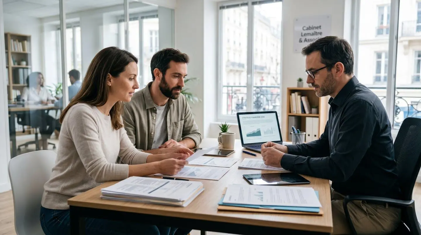 Un conseiller et un couple d'emprunteurs vus de profil discutent autour d'une table de bureau moderne avec des documents financiers, dans une lumière naturelle douce
