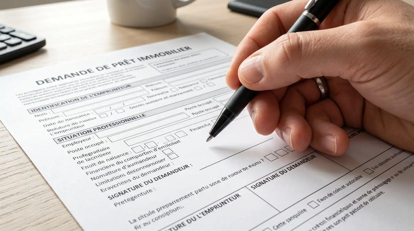 Gros plan sur une main tenant un stylo au-dessus d'un formulaire de crédit immobilier avec des champs de texte floutés, surface de bureau moderne