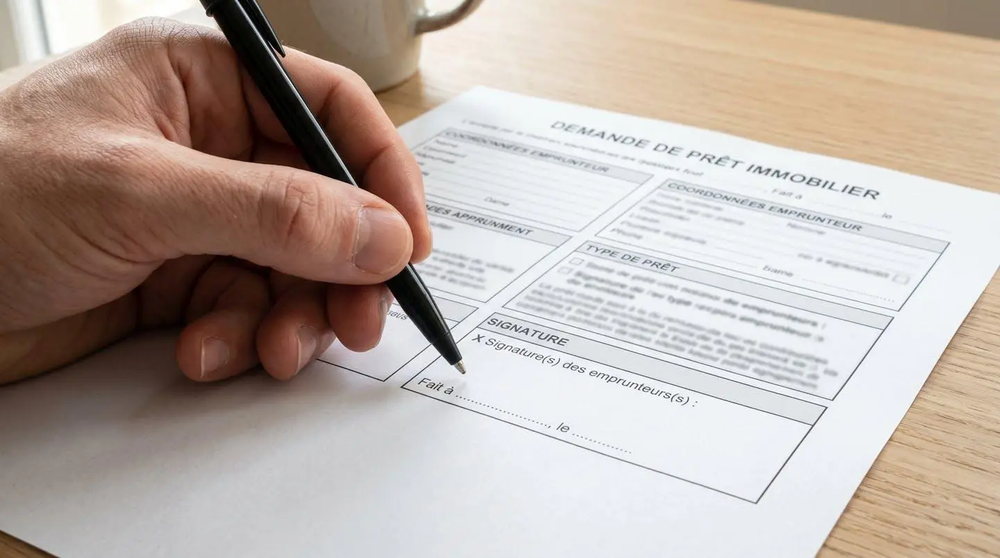 Gros plan sur une main tenant un stylo au-dessus d'un formulaire de crédit immobilier avec des champs de texte floutés, surface de bureau moderne