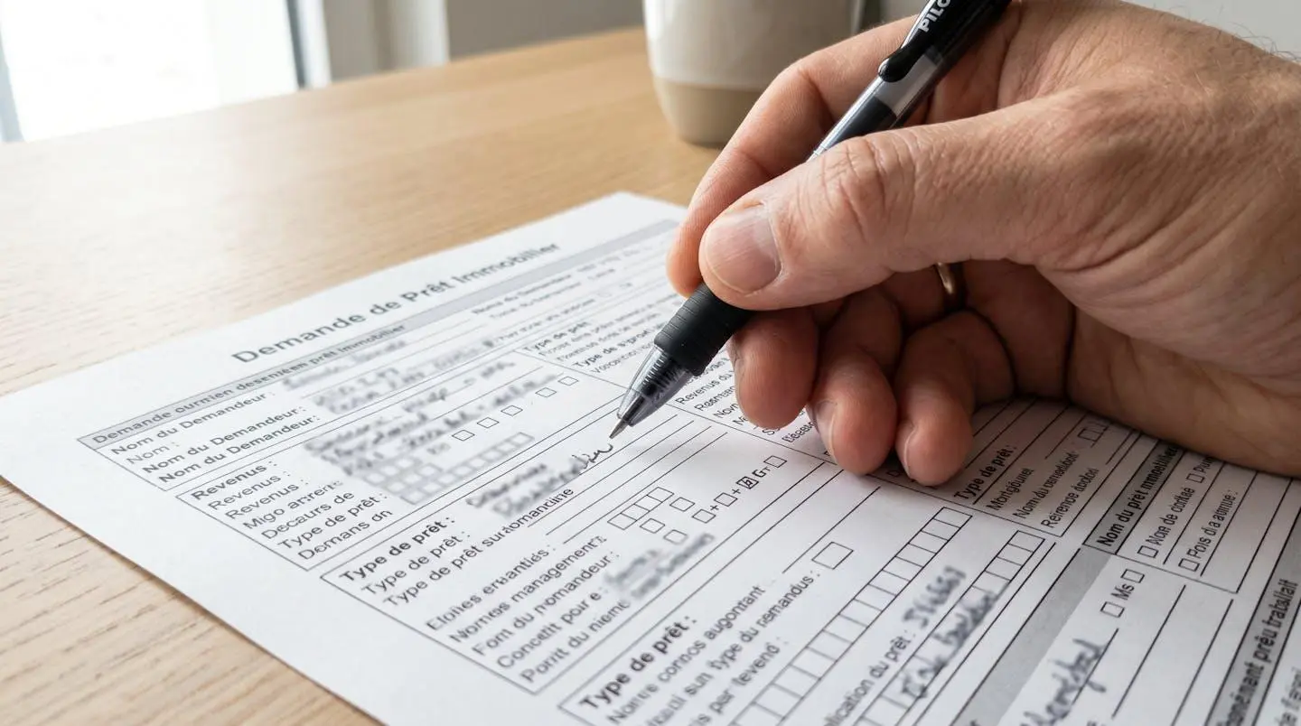 Gros plan sur une main tenant un stylo au-dessus d'un formulaire de crédit immobilier avec des champs de texte floutés, surface de bureau moderne