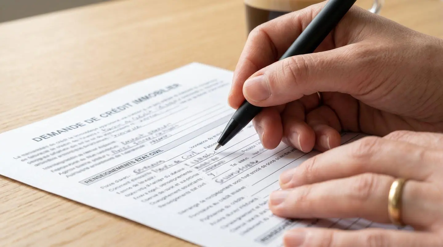 Gros plan sur une main tenant un stylo au-dessus d'un formulaire de crédit immobilier avec des champs de texte floutés, surface de bureau moderne